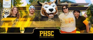 Four students posing with Boomer the Bobcat next to a PHSC Student Life banner. 